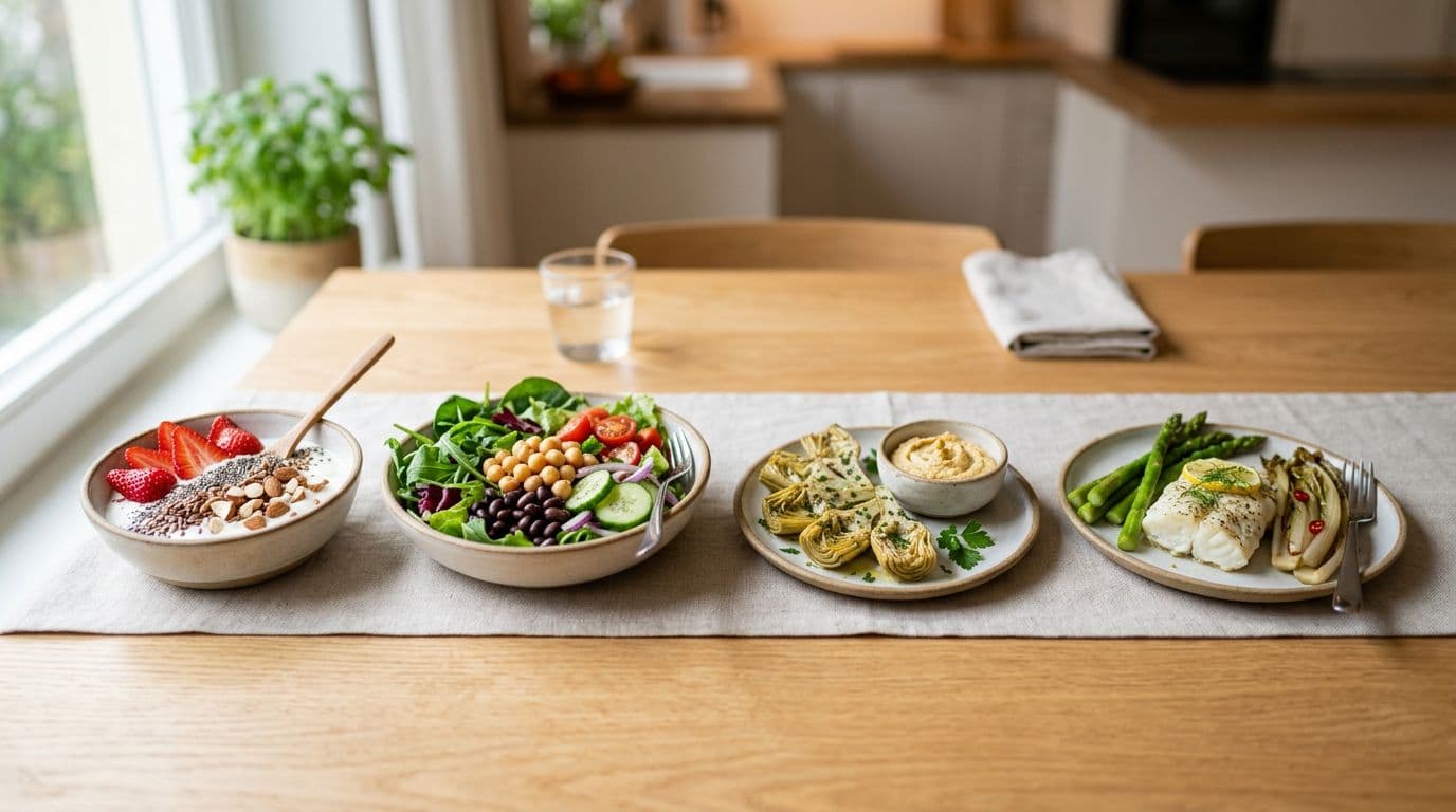 Photorealistic arrangement of four daily detox meals on small plates: breakfast yogurt with strawberries and seeds, lunch mixed salad with legumes, snack artichokes, and dinner asparagus with fish and chicory, on a clean table with natural light.