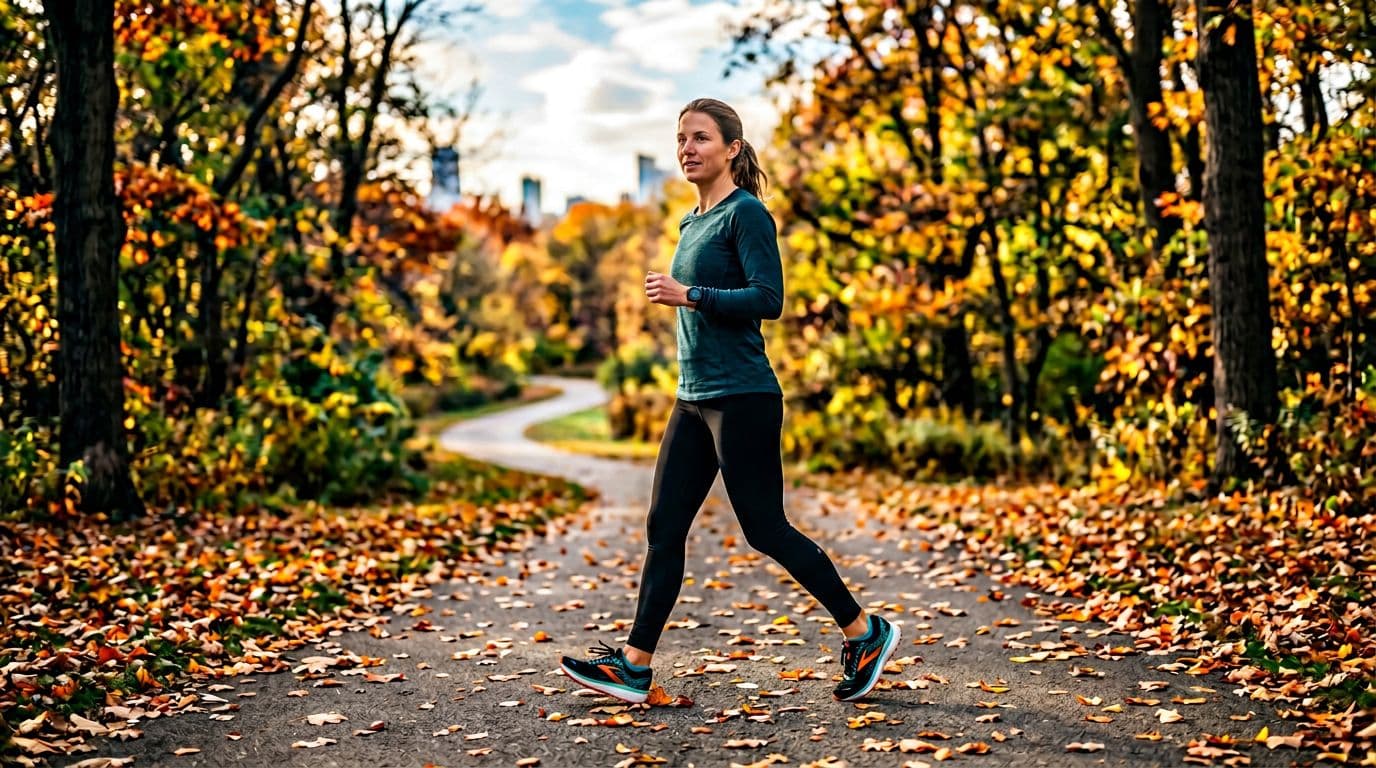 A fit woman in her 30s walks briskly through an urban park with autumn leaves scattered on the ground, wearing casual activewear under natural afternoon sunlight. Photorealistic dynamic side-angle composition featuring exactly one person.