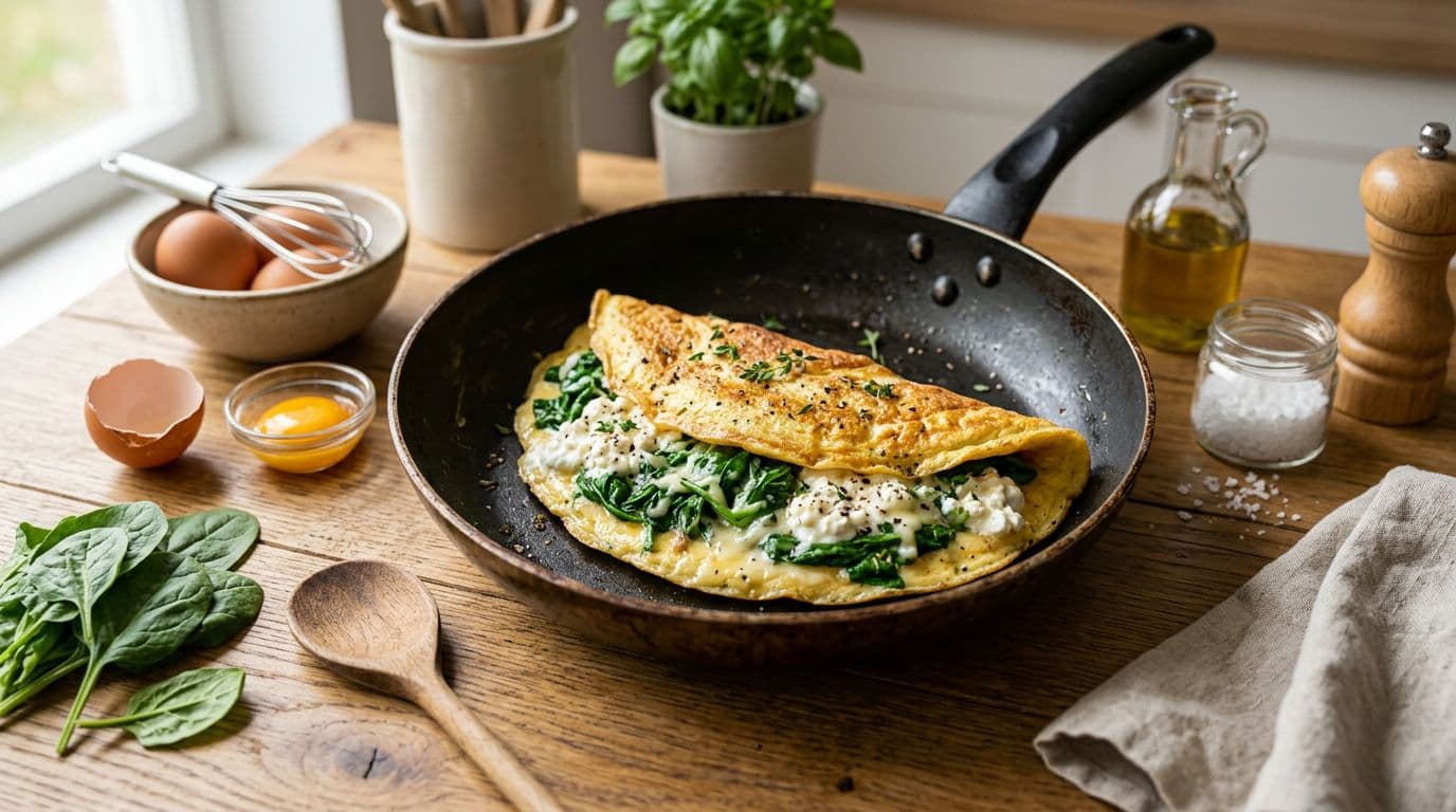 A soft and golden omelette filled with fresh green spinach and creamy cottage cheese curds, centered in a non-stick pan on a wooden kitchen table with scattered eggs and spices, close-up food photography with natural side lighting.
