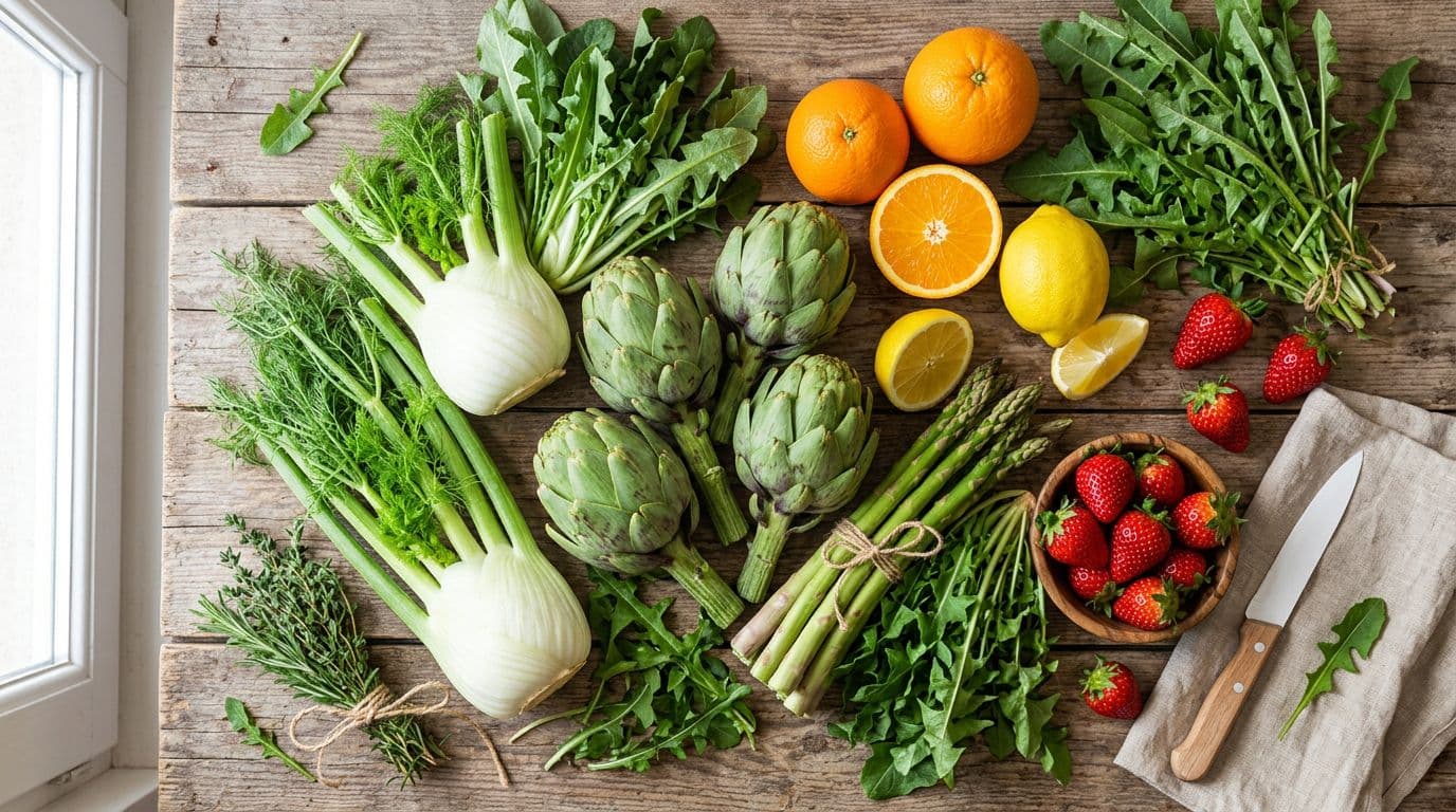 Close-up top-down view of a wooden table with fresh spring produce: whole artichokes, fennel bulbs, green asparagus, chicory and dandelion leaves, oranges, lemons, and ripe strawberries. Photorealistic high-definition image with natural daylight and vivid appetizing colors, no people or text.