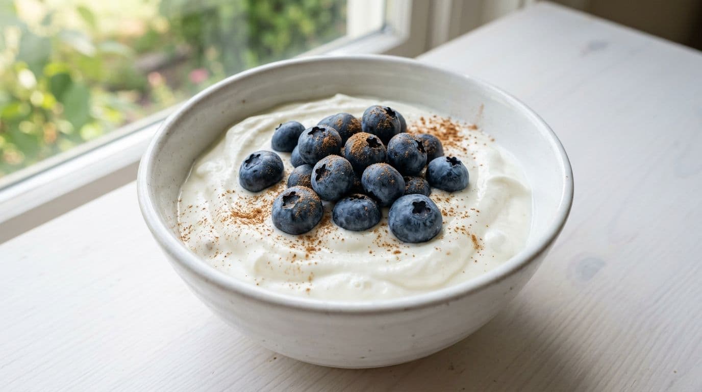 Close-up photorealistic image of a bowl of plain Greek yogurt topped with fresh blueberries and a light sprinkle of cinnamon powder on a white table in soft natural morning light.