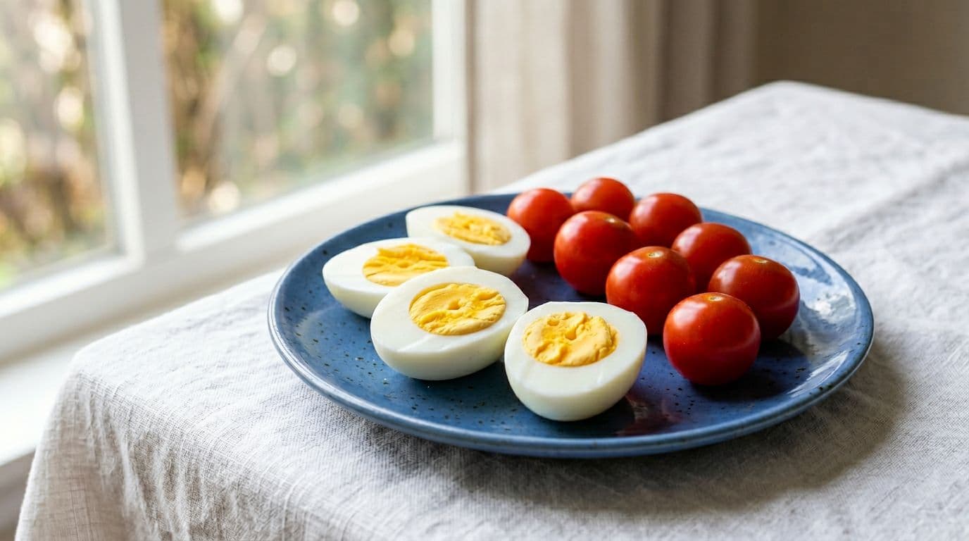 Close-up side view of two halved hard-boiled eggs on a simple blue plate with 6-8 fresh cherry tomatoes, on a white tablecloth under natural window light.