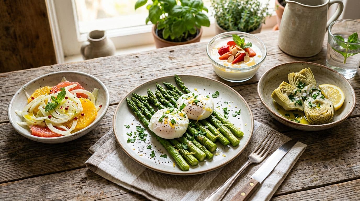 A vibrant healthy spring dish on a rustic kitchen table, featuring fennel and citrus salad as the main plate, accompanied by sautéed asparagus with eggs, steamed artichokes with lemon, and yogurt with strawberries. Soft natural light highlights fresh, inviting colors in a realistic photographic style.