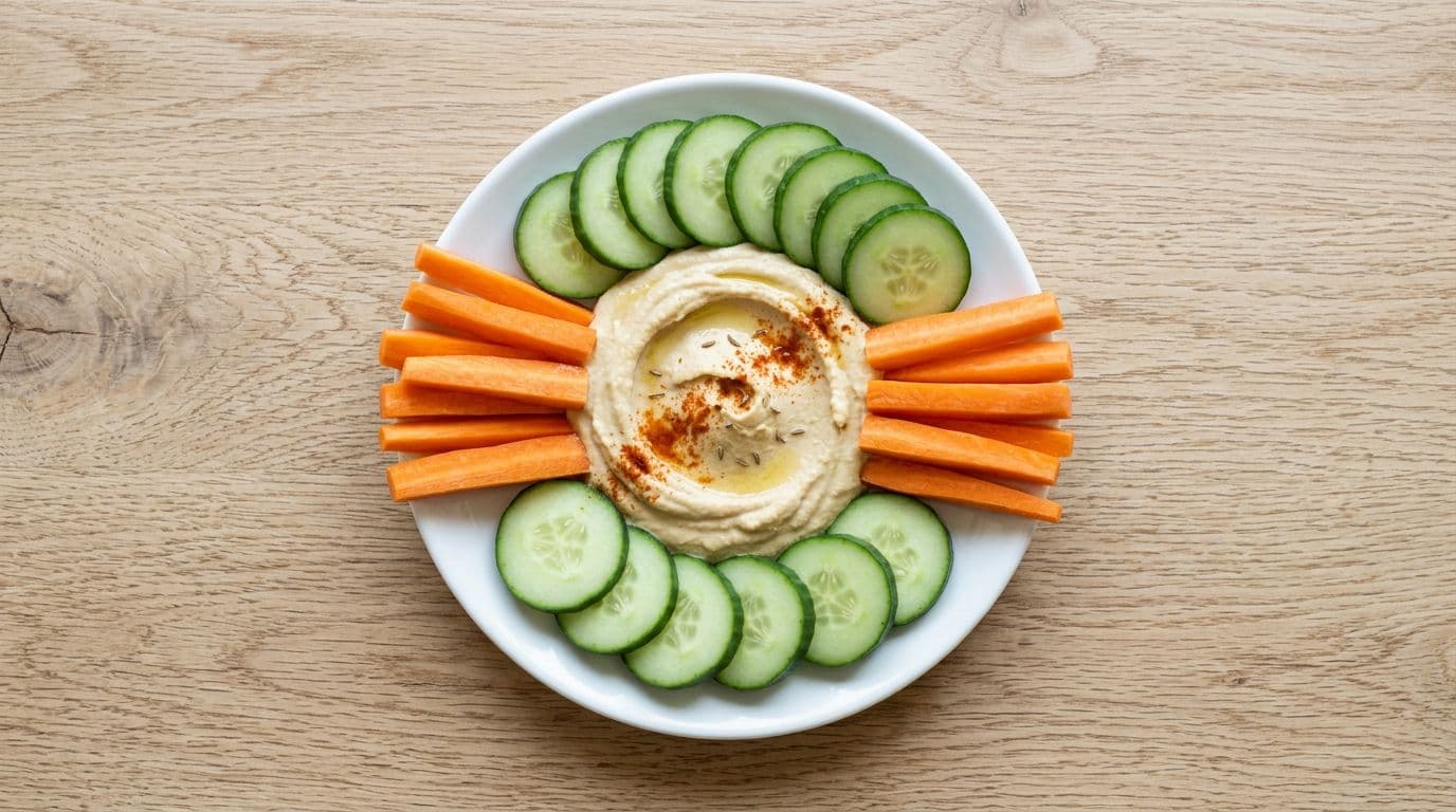 Small white plate featuring 2-3 tablespoons of smooth hummus centered and surrounded by 1-2 cups of fresh carrot sticks and cucumber slices on a light wooden table, top-down photorealistic food photography with bright natural lighting and detailed textures.