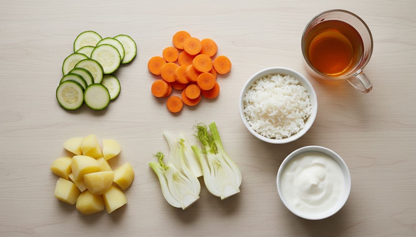 Top-down composition of sliced zucchini, raw fennel, cooked carrots, boiled potatoes, small white rice plate, low-fat yogurt, and herbal tea on a light wooden table with soft natural light.