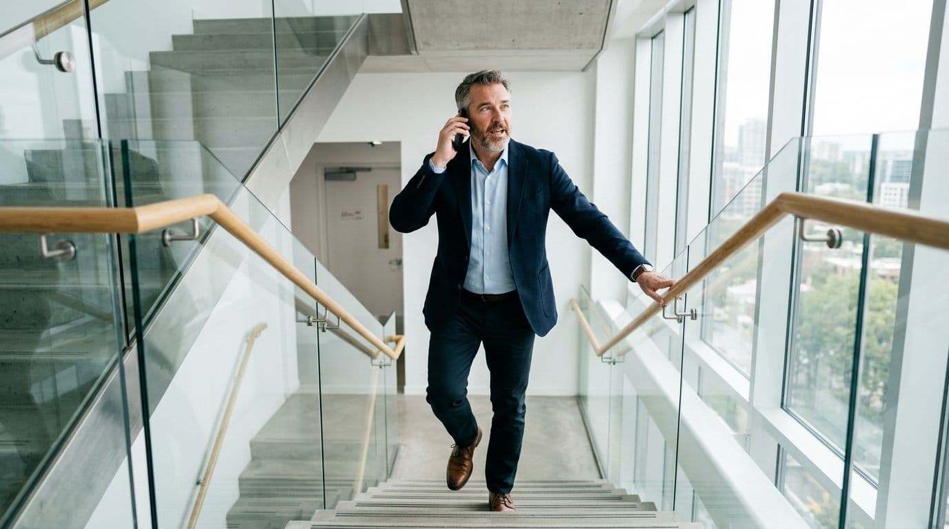 Middle-aged man strides purposefully up modern office stairs instead of elevator, holding phone to ear on a call, glass railing and bright natural light from window.