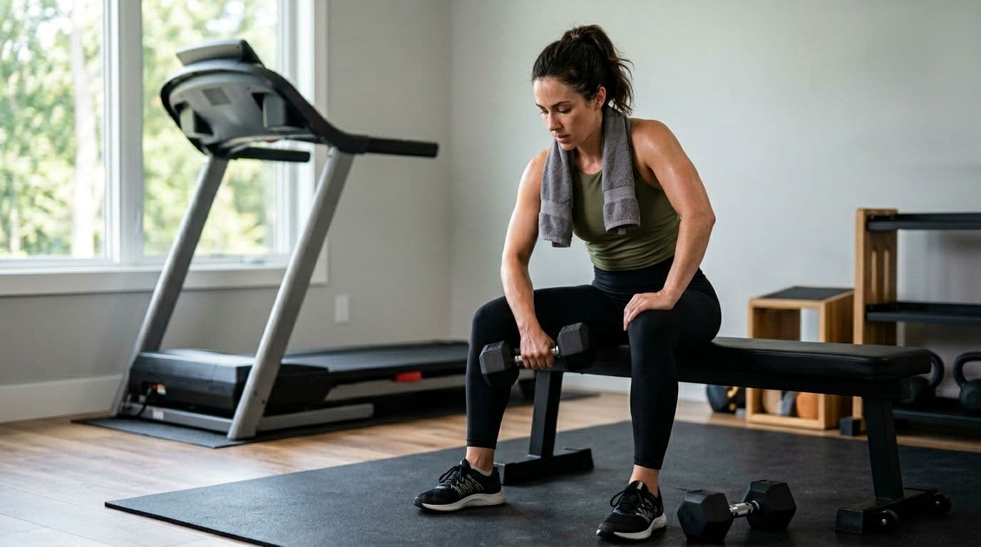 A single person in a modern home gym lifts dumbbells in the foreground with a blurred treadmill background, striking a motivational resting pose between sets under natural window light in realistic landscape photography.