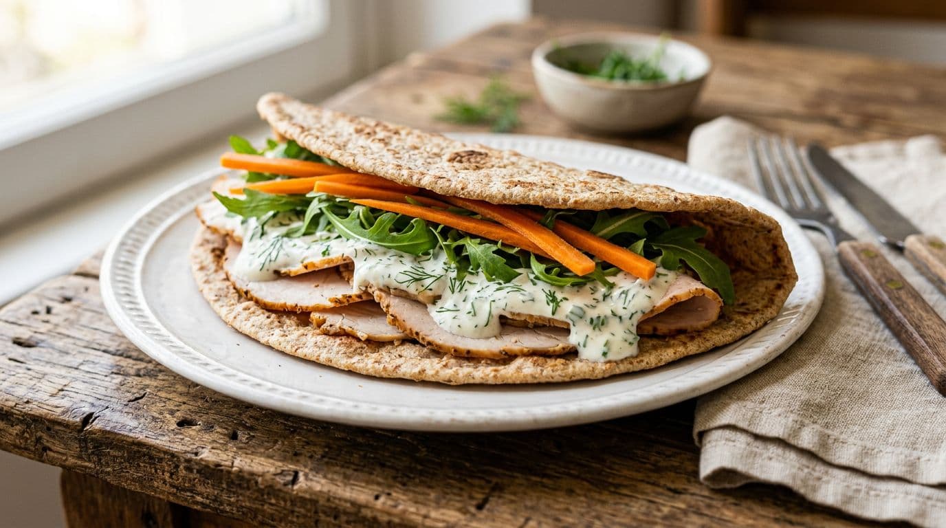 Open whole wheat piadina filled with thin turkey slices, creamy Greek yogurt sauce with herbs, fresh arugula leaves, and carrot strips on a white plate over a rustic table, side close-up in soft natural light.