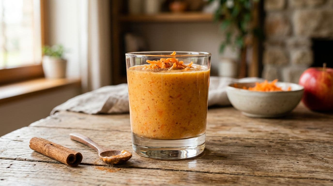 A transparent glass filled with vibrant orange smoothie balanced with red apple slices, grated carrots, cinnamon, and a touch of peanut butter, accompanied by a cinnamon stick on a rustic wooden table under warm natural light.