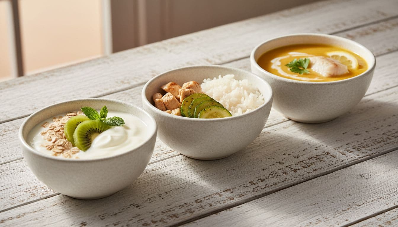 Tre piatti leggeri per alleggerire l'intestino: yogurt naturale con fiocchi d'avena e mezzo kiwi, riso bianco con zucchine stufate e petto di pollo grigliato, vellutata cremosa di carote e patate con filetto di pesce al vapore, su tavola bianca rustica con illuminazione naturale calda.