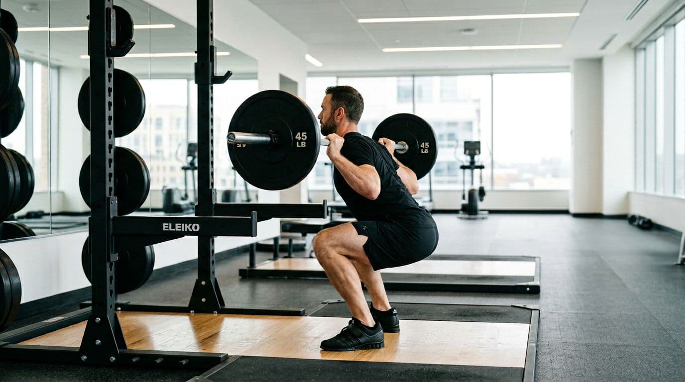 A fit adult performs a barbell squat exercise with perfect form in an empty modern gym, shown from a side profile view with hands on the bar and focused expression.