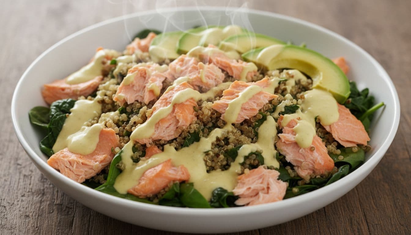 Appetizing close-up of a large white bowl filled with flaky baked salmon, cooked quinoa, wilted spinach, sliced avocado, and drizzled with creamy yogurt lemon ginger sauce on a wooden table.