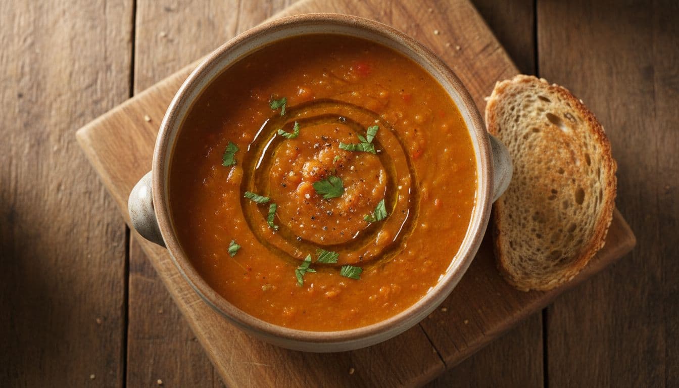 Steaming bowl of thick red lentil tomato turmeric soup in a rustic ceramic bowl, topped with a fresh swirl of extra virgin olive oil, accompanied by one slice of toasted whole grain bread on a wooden board.