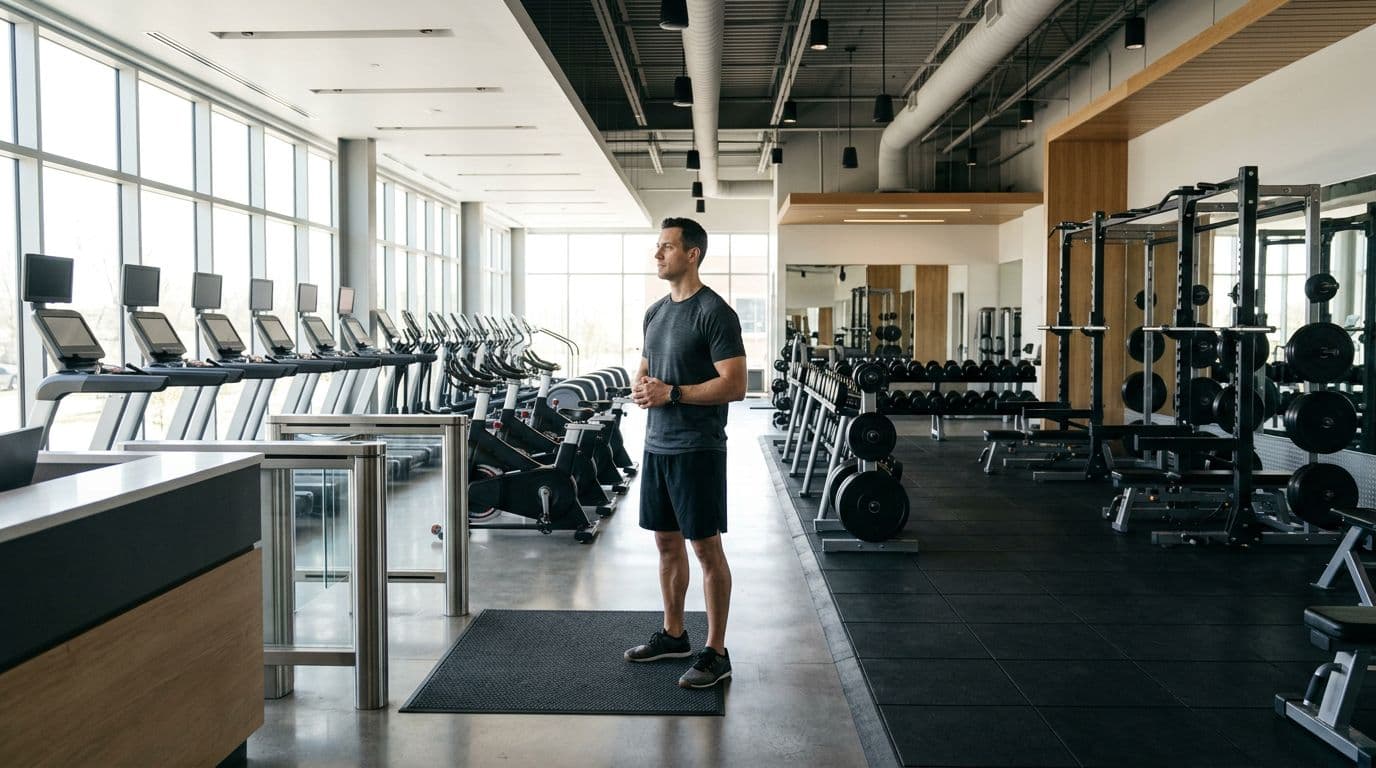A fit adult stands thoughtfully at the entrance of a modern gym, gazing toward cardio machines on one side and weight racks on the other in a wide interior view with natural daylight and no other people.