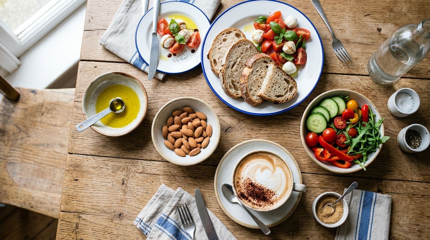 Photorealistic top view of a kitchen table with small measured portions of Italian-style dishes: one tablespoon olive oil in a bowl, handful of almonds, cappuccino with sugar, fresh veggies, and bread, in bright daylight, no people or text.