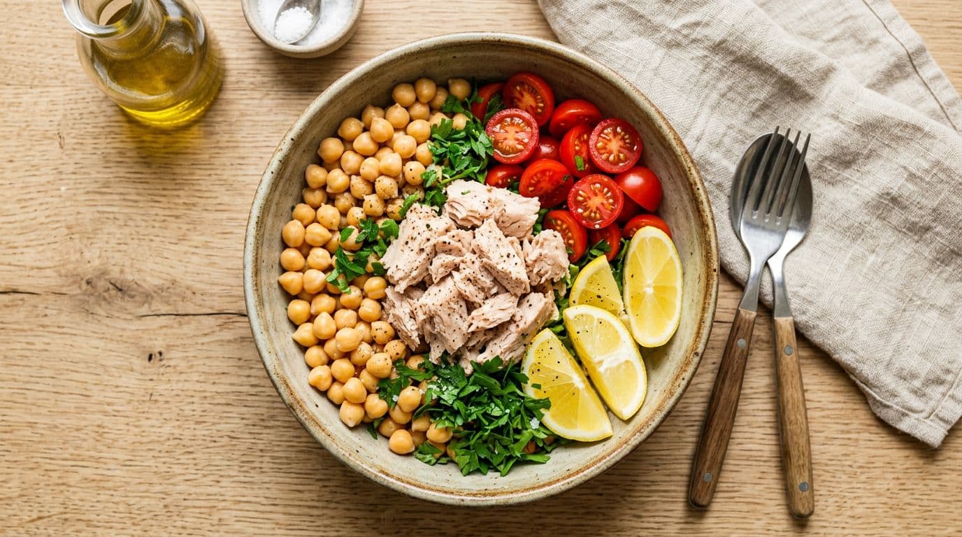 A large colorful bowl filled with drained natural tuna, rinsed round chickpeas, yellow lemon wedges, chopped fresh parsley, and sliced red cherry tomatoes, arranged on a light table. Top-down view with central bowl, natural bright lighting in fresh vibrant food photography style.