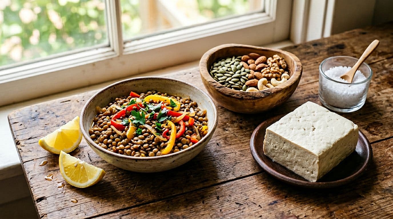 A photorealistic arrangement of vegetarian foods high in iron, zinc, and iodine, featuring a bowl of lentils with bell peppers and lemon wedges, pumpkin seeds, nuts, tofu, and iodized salt on a rustic wooden surface under natural light.