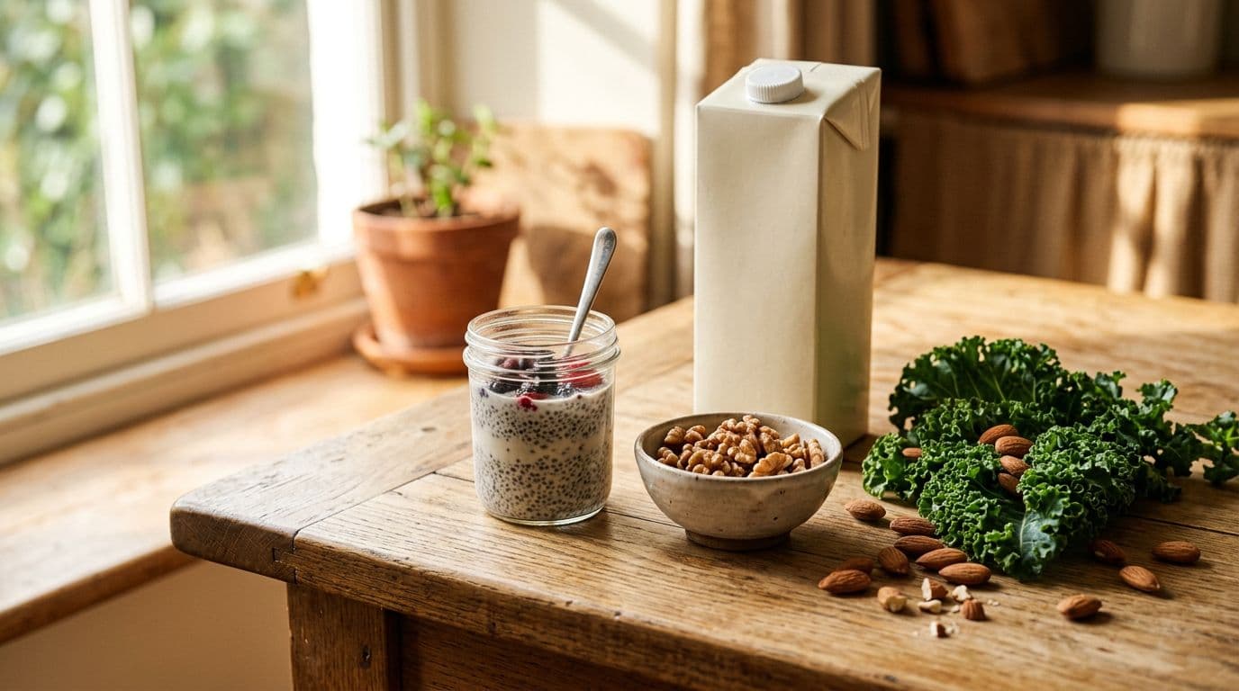 Selection of vegetarian foods rich in omega-3, vitamin D, and calcium: chia seeds pudding, walnuts, fortified plant milk, kale, and almonds on a sunlit kitchen table.