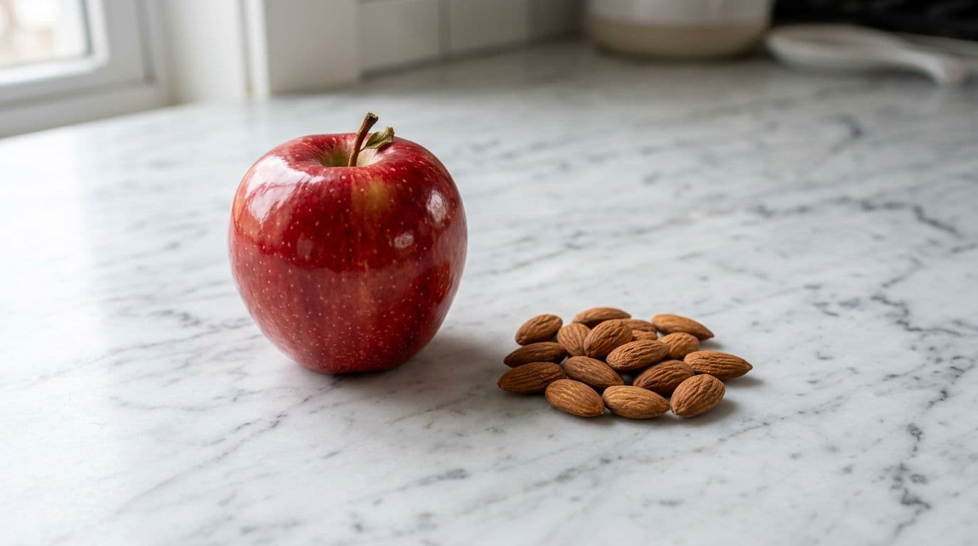 Photorealistic close-up of one medium whole red apple next to a small pile of exactly 12 whole almonds on a marble kitchen counter, three-quarter view from above with soft natural light highlighting textures and shine.