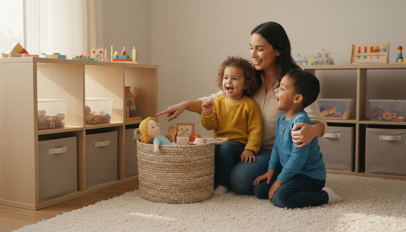 Parent and kids choosing toys together at a toy rotation shelf
