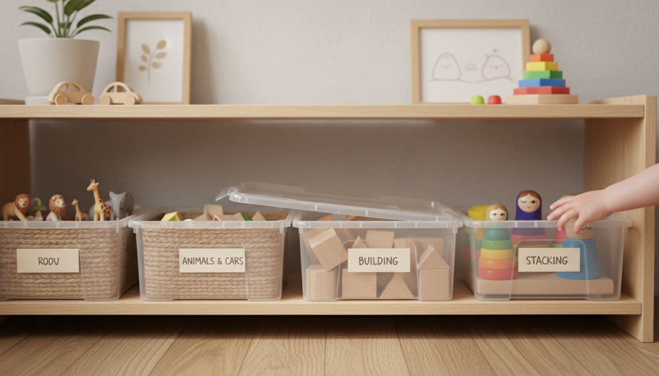 Toy rotation bins and baskets neatly arranged on low shelves