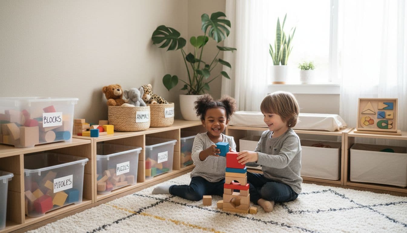 Cozy playroom with kids using a simple toy rotation bin setup
