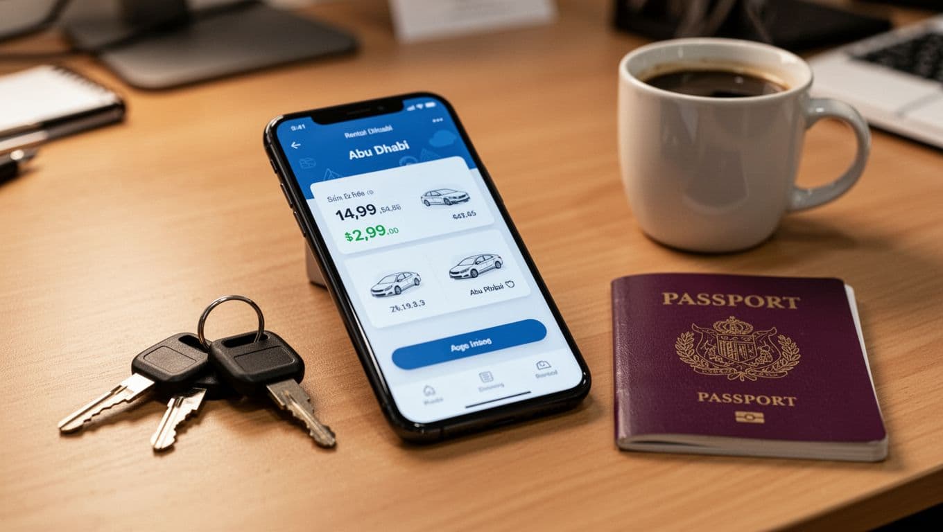 Smartphone app screen on an office desk next to rental car keys and passport, displaying a booking confirmation for a car rental in Abu Dhabi. The device is angled with a slightly blurred screen showing simple icons for price, duration, and car model, alongside a coffee mug in warm lighting.