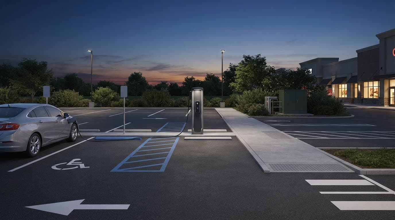 One EV charger beside accessible parking and a clear walkway in a commercial lot at dusk.
