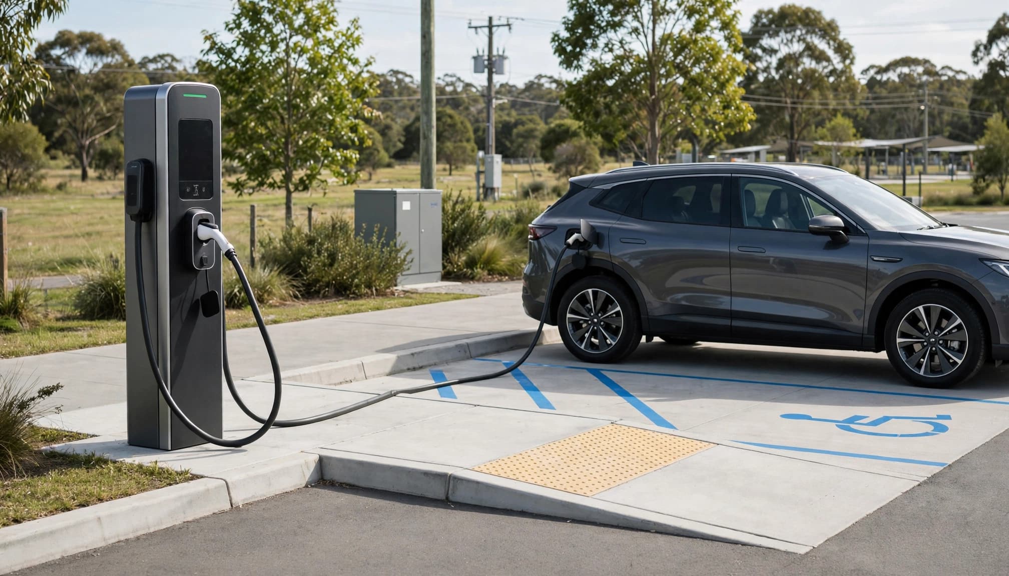 An electric vehicle charges beside an accessible space at a clean roadside rest area.