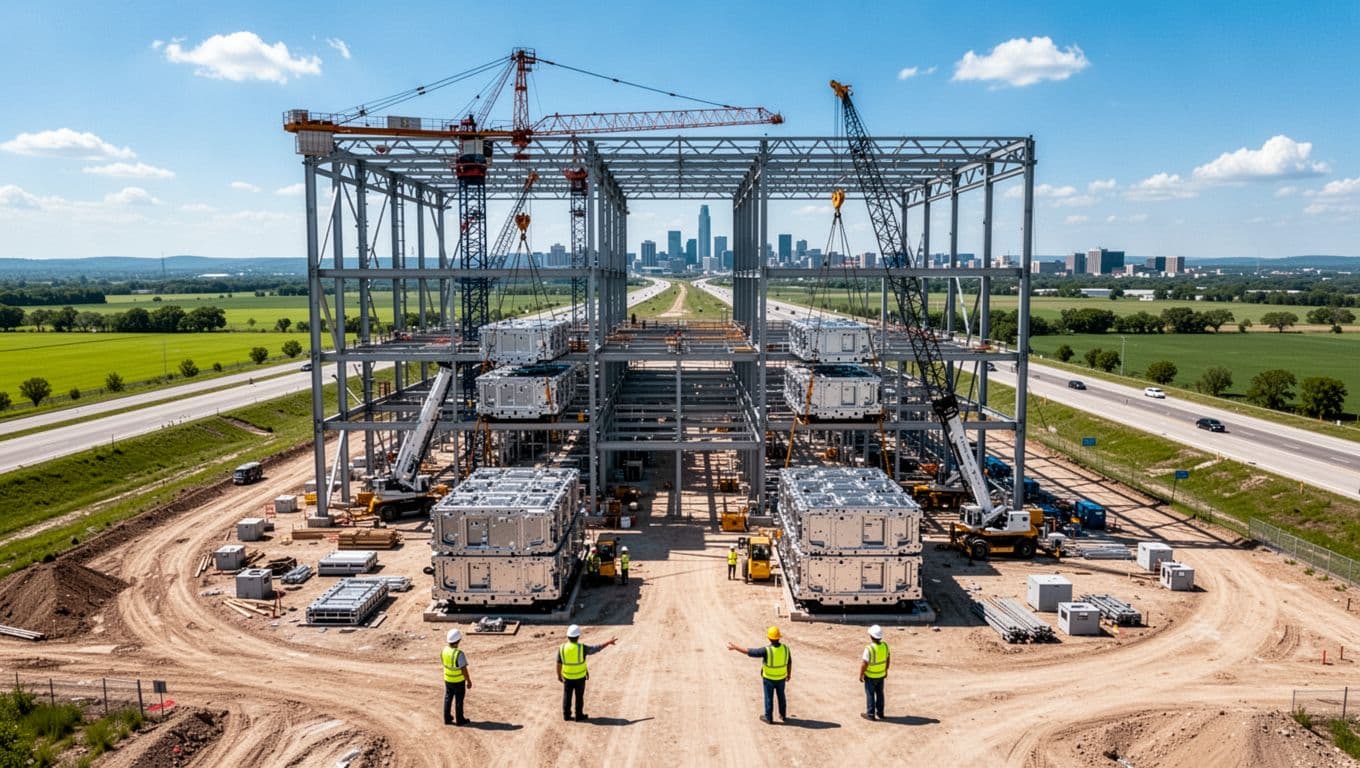 Photorealistic drone shot of a massive EV battery gigafactory under construction in sunny North American landscape, with cranes lifting modules, four workers in yellow vests directing operations, green fields, highways, and distant city skyline.