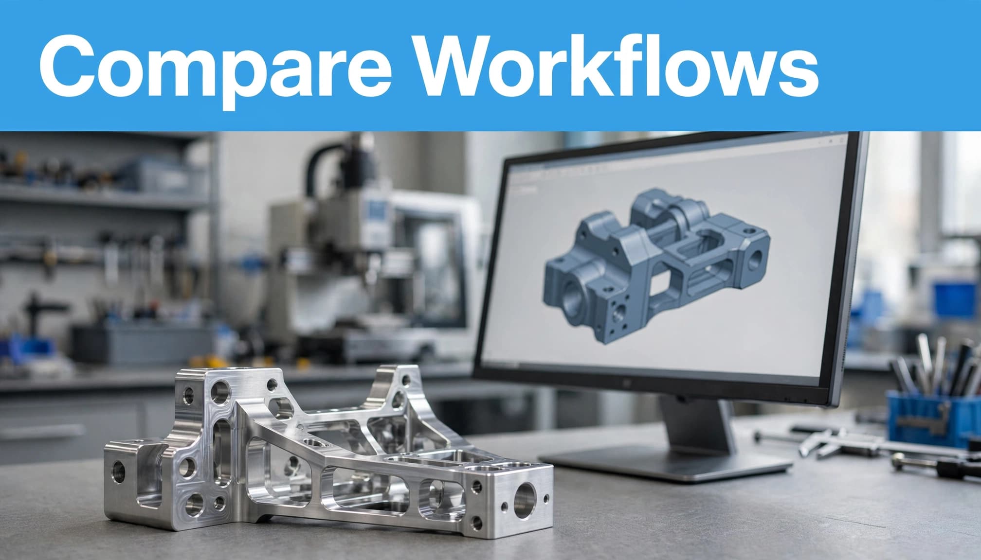 A machined aerospace bracket stands beside a monitor showing a shaded CAD assembly.