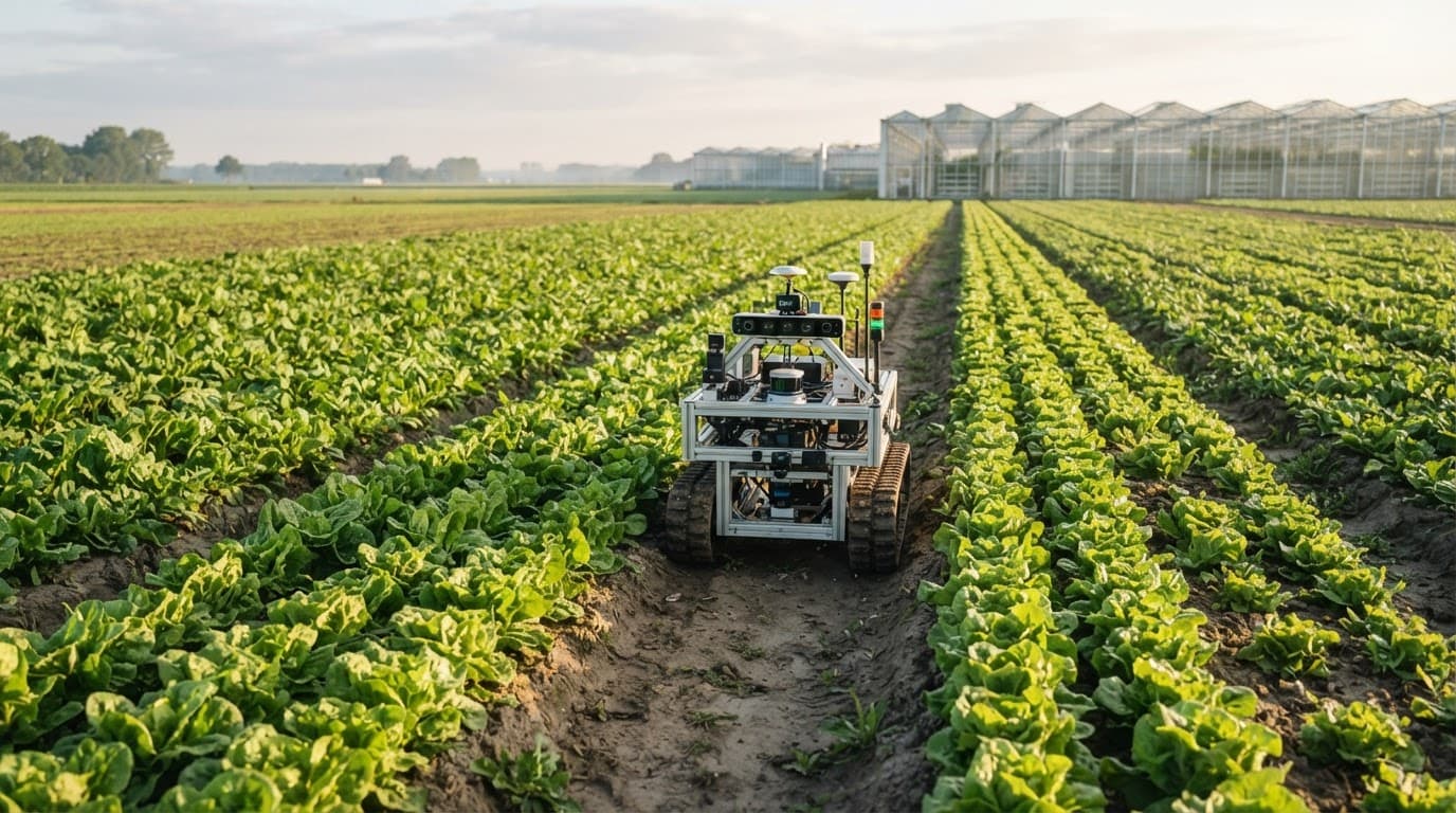 A field robot moves between healthy crops with a greenhouse in the distance.