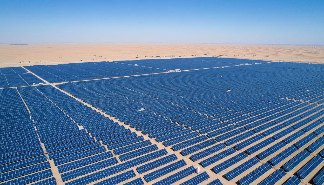 Aerial view of the vast Al Dhafra solar farm in the Abu Dhabi desert, featuring millions of gleaming solar panels stretching across 20 square kilometers under a clear blue sky and intense sunlight.