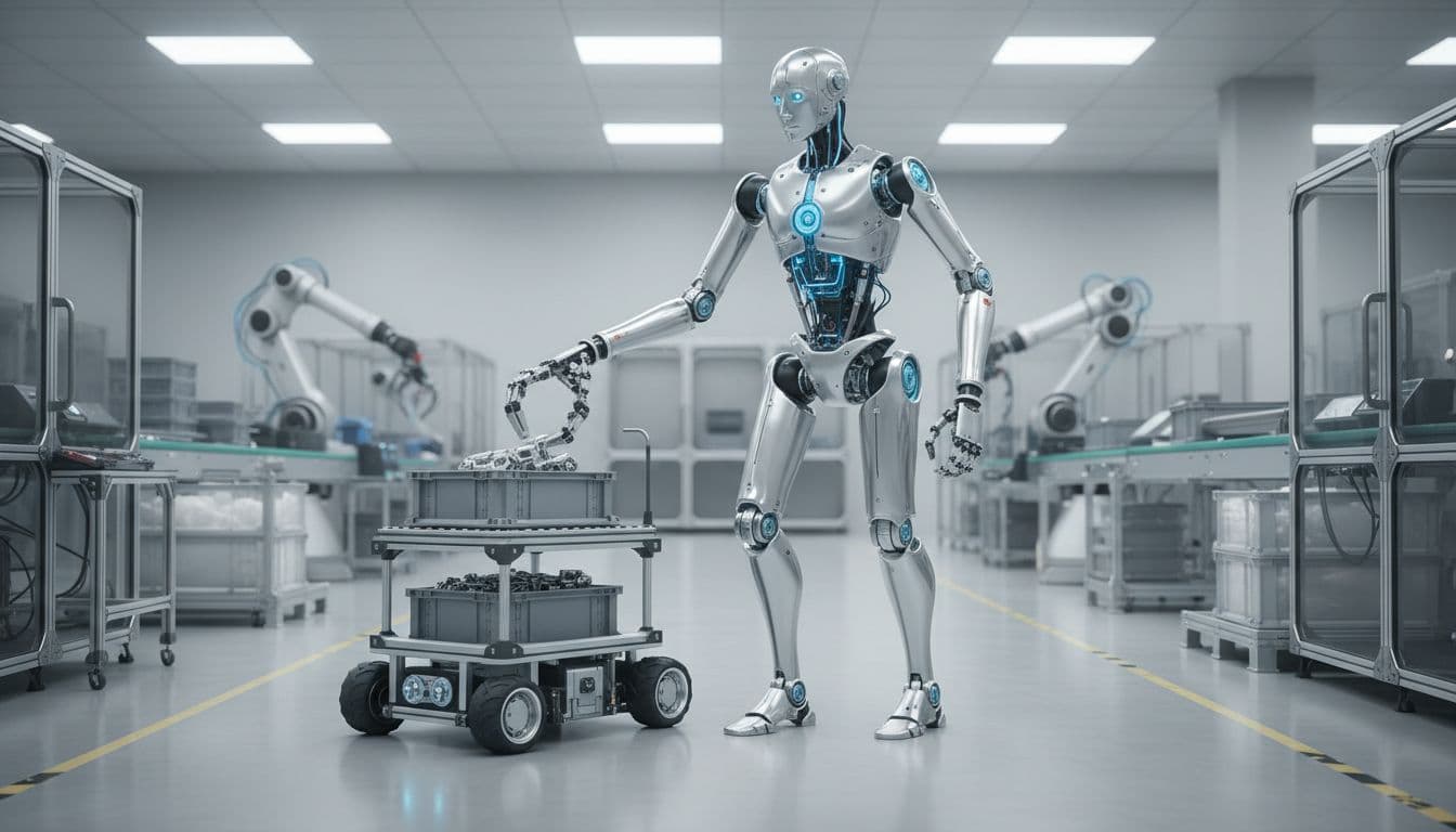 In a modern factory, humanoid robot Alice 4 autonomously recognizes and picks up manufacturing parts with adjustable grip, while wheeled robot Alice M1 assists in logistics, showcasing collaborative teamwork in a high-tech environment.