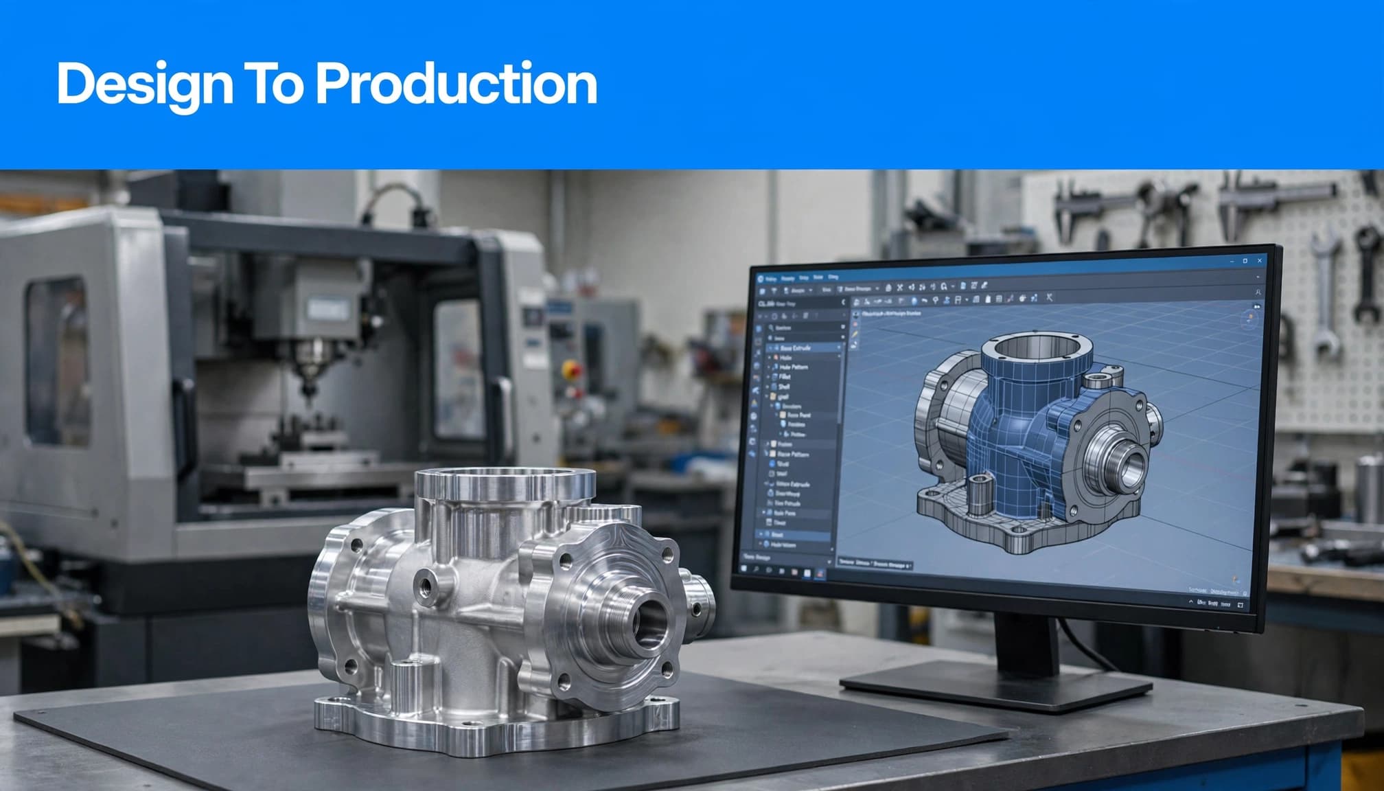 An aluminum pump housing sits beside its CAD model on a monitor in a clean workshop.