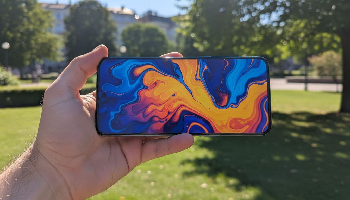 A sleek smartphone held in hand outdoors under bright sunlight, its large AMOLED screen displaying vibrant colorful abstract patterns with high brightness and sharpness overpowering the sun glare, close-up focus on screen quality.