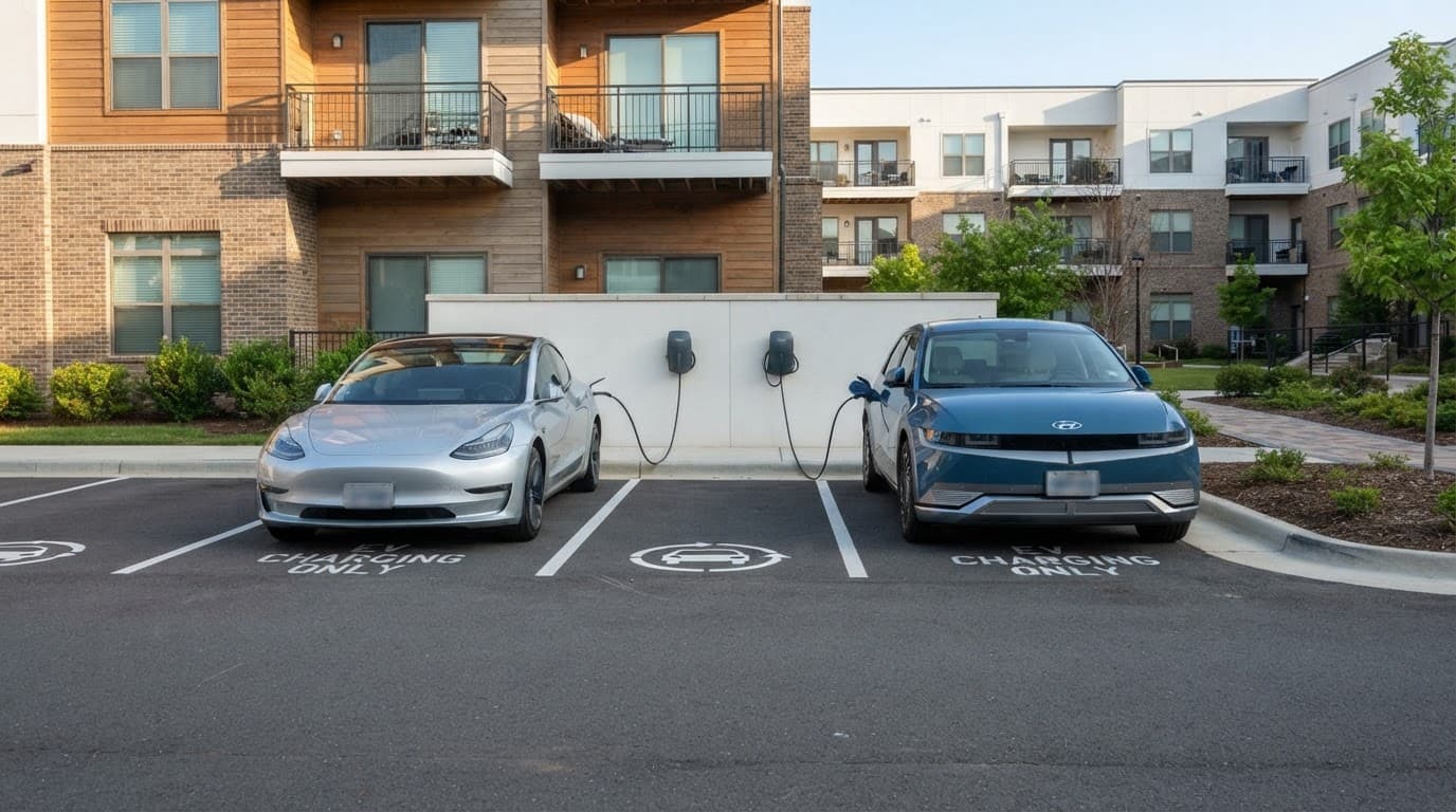 Two electric cars charging beside an apartment building in morning light.