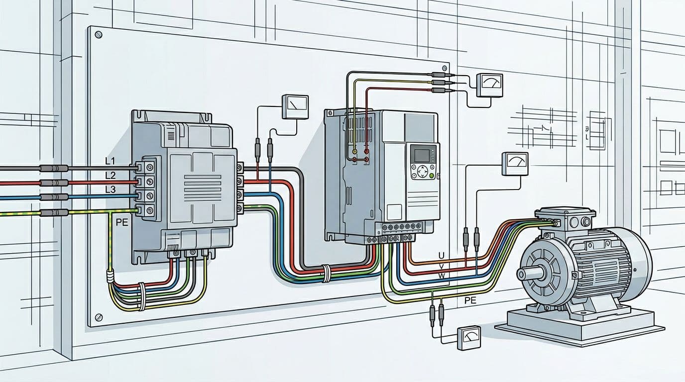 Industrial control panel in a factory showing ATV630 drive connected to 30kW motor via VW3A46127 passive filter, with organized power cables and measuring probes for currents and voltage.