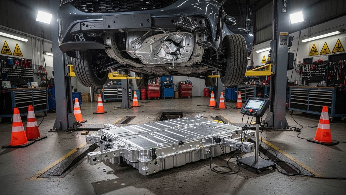 Realistic documentary-style photograph of an electric SUV elevated on a four-post lift in an Australian automotive repair garage, exposing the undercarriage's large integrated battery pack with minor dents and scratches from a low-speed collision. Orange safety cones surround the vehicle, diagnostic scanner connected to the battery, cluttered tool shelves in background, ultra-detailed textures under sharp overhead lights.