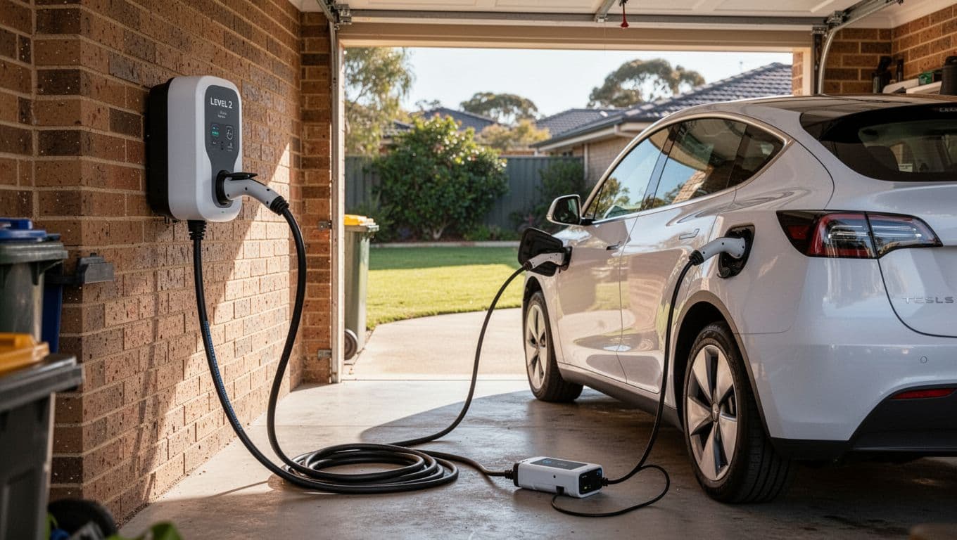 Bright daytime photorealistic scene in an Australian suburban home garage with a clean white wall-mounted Level 2 EV charger bolted to a brick wall, charging a compact electric hatchback. Open garage door reveals driveway and green lawn, spare cable coiled on concrete floor, natural sunlight, sharp focus on charger handle, realistic textures, no humans or branding.