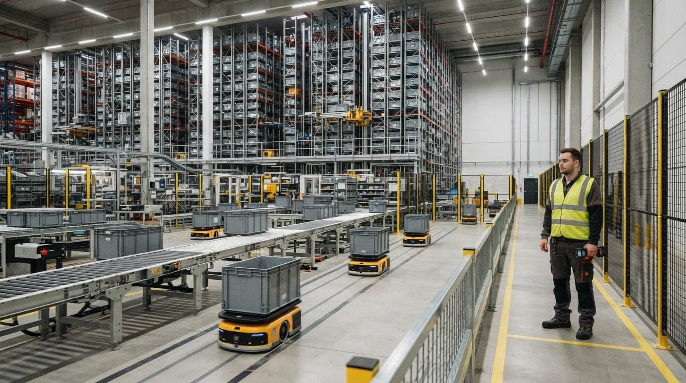 Mobile robots carry totes near conveyors as a warehouse operator uses a handheld scanner.
