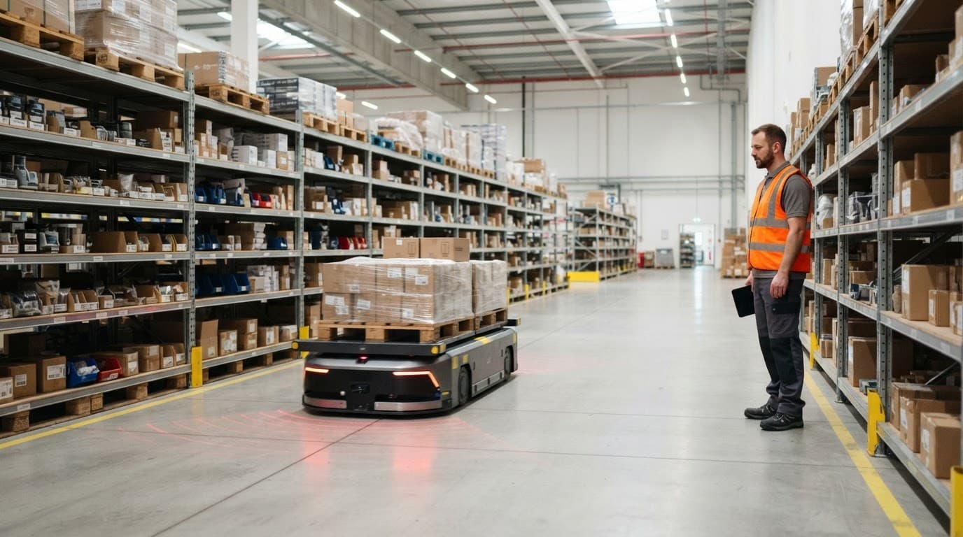 A warehouse robot moves between shelves as one worker watches from a safe distance.