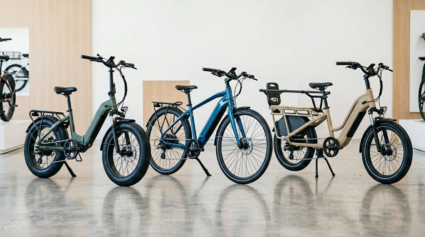 Three Aventon e-bikes including commuter, adventure with fat tires, and cargo with rear rack models lined up in a brightly lit showroom. Professional product photography style with clean background, no people, text, logos, or watermarks.