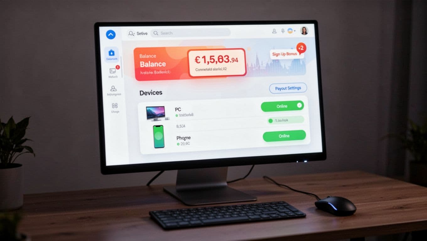 Realistic portrait render of a computer screen showing a simple user dashboard for a bandwidth sharing app, featuring highlighted earnings balance, connected PC and phone with green online status, payout settings, and sign-up bonus notification in a dim room on a desk.
