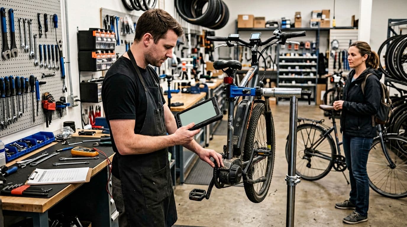 Bike shop staff member uses a tablet to inspect a used e-bike for trade-in, with a customer waiting nearby. Tools, checklist on workbench, organized service area in background, realistic lighting, exactly two people.