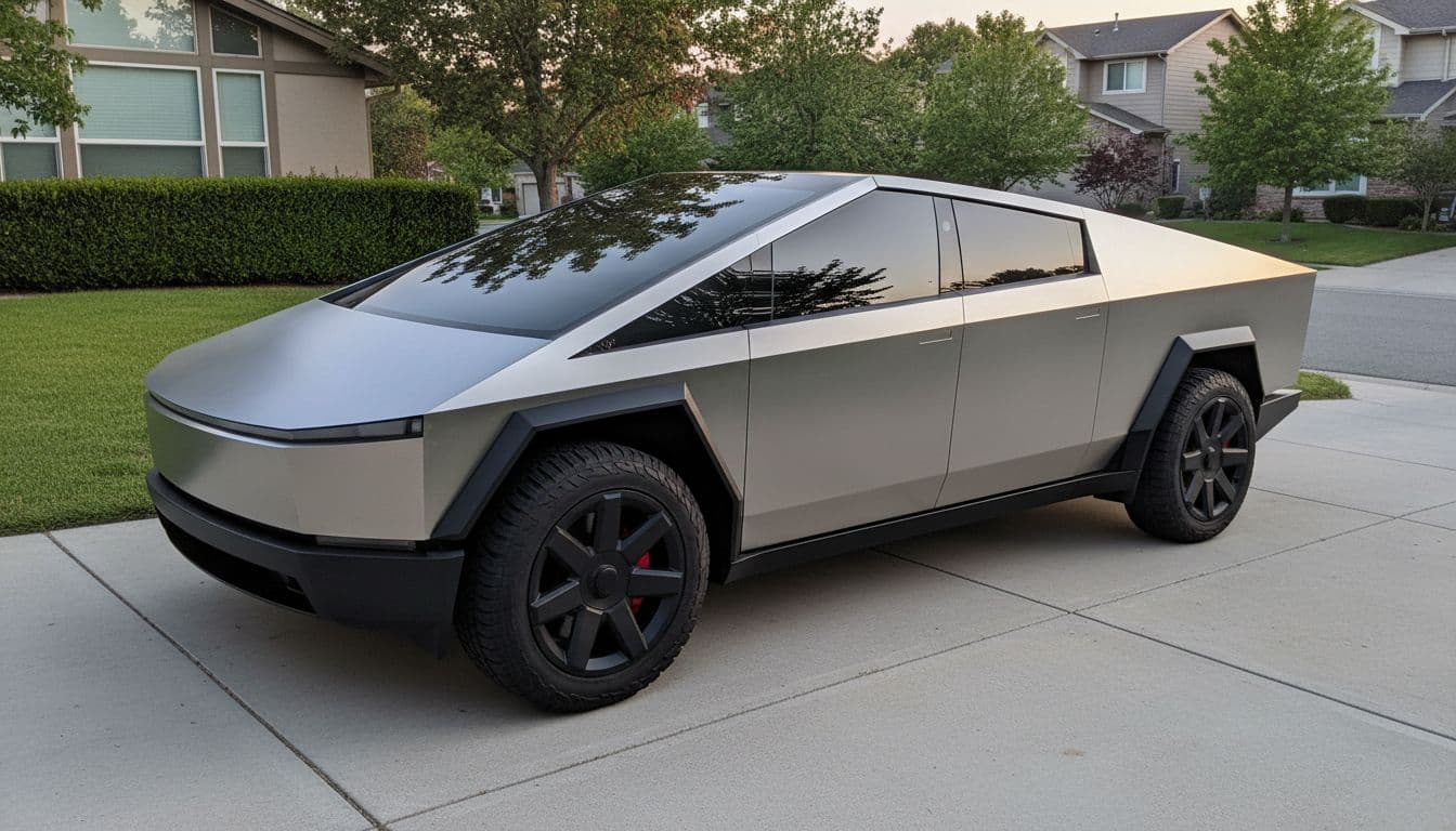 A sleek black Tesla Cybertruck parked in a suburban driveway at dusk, showcasing its angular stainless steel body in matte black finish, 20-inch black wheels, dark tinted windows, and subtle red brake calipers under soft evening lighting.