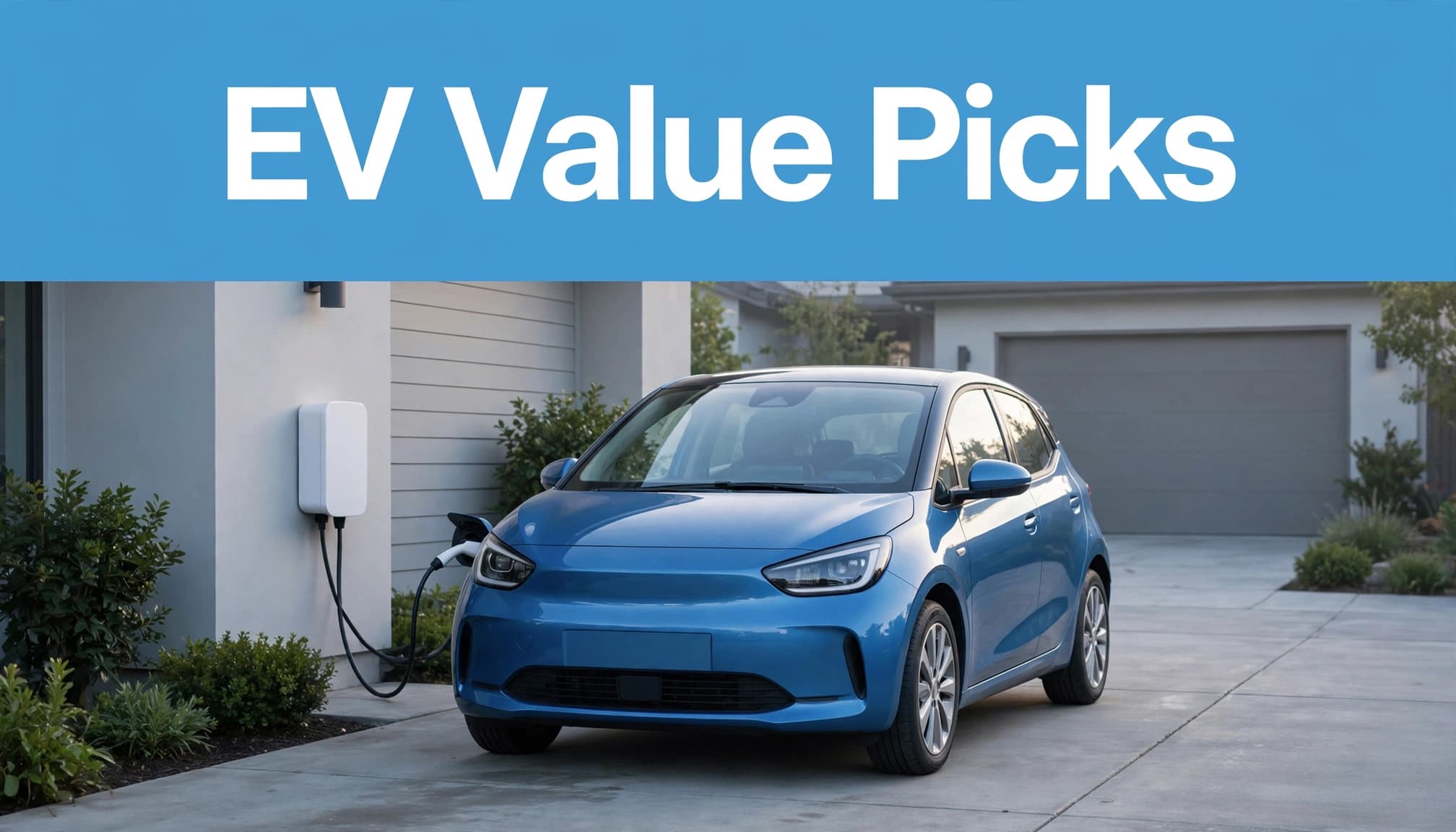 Blue electric hatchback parked beside a home charging station.