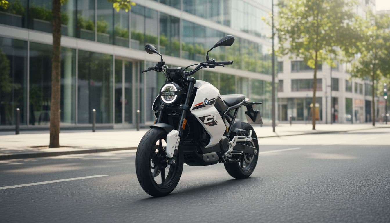 Compact BMW CE 02 light electric motorcycle with youthful sporty look, wide handlebar, and low seat, riding slowly through an urban street in sunny weather. Realistic photo with no rider, no other vehicles, and no text.