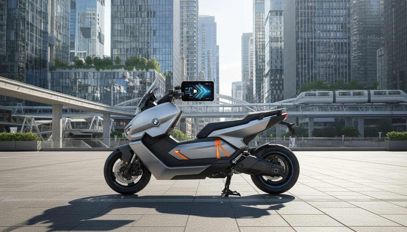 Futuristic BMW CE 04 electric scooter with angular design parked in a city environment, sharp lines and TFT display visible from the side in realistic daylight photo, no people.