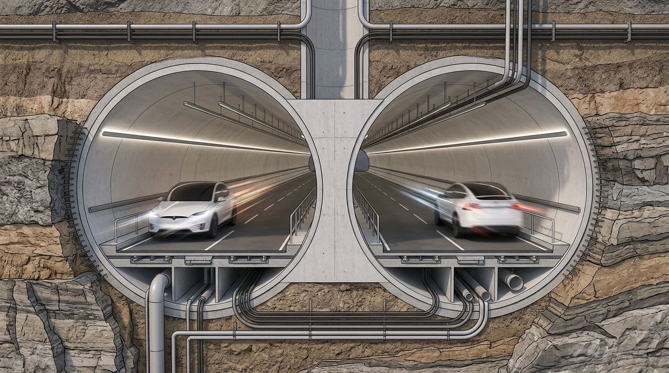 Cross-section view of an underground Boring Company tunnel with Tesla vehicles shuttling passengers inside two parallel tubes, featuring modern concrete walls, LED lights, and dynamic motion blur in a technical illustration style with soft lighting.